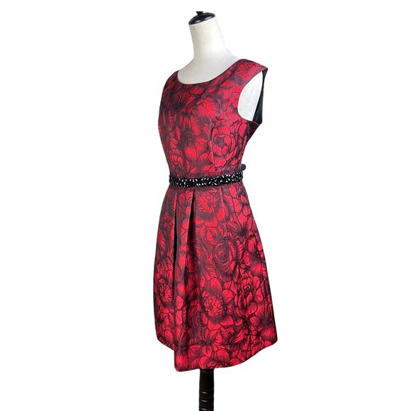 Eliza J Black Embellished Waist Red Floral Brocade Fit & Flare Cocktail Dress - Picture 4 of 12